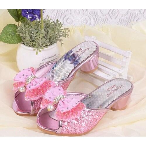 Girls Summer Sandals Slipper Sequined Princesse Children High Heel Party Dress Shoes Leather Slipper For Kids Slides