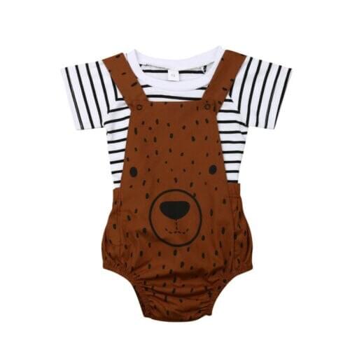 Lovely Infant Kids Baby Boys Girls 2PCS Clothes Sets Stripe T-shirt+Bear Bib Pant Overalls Outfits