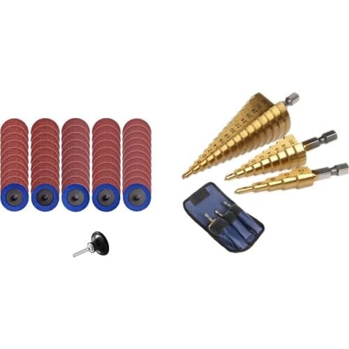 3Pcs Hss Step Cone Taper Drill Bit Set & 50Pcs Roloc Quick Change Discs 2 Inch Sanding Discs with 1/4Inch Holder