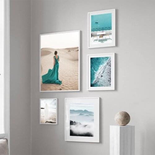 Wall Art Canvas Painting Blue Ocean Surfboard Desert Dress Girl Nordic Posters And Prints Wall Pictures For Living Room Decor