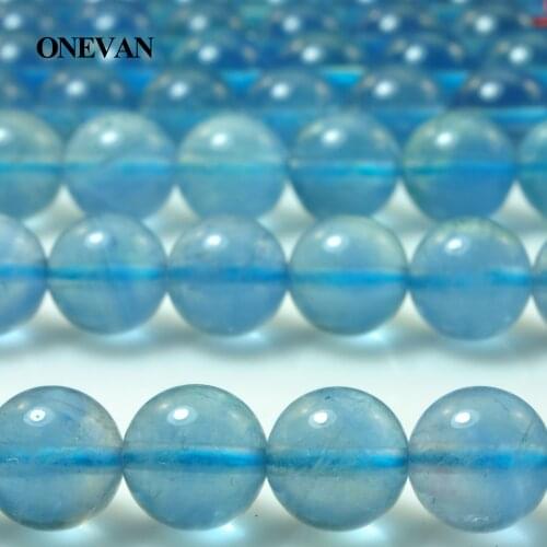 ONEVAN Natural Blue Fluorite Beads Charms Smooth Loose Round Stone Bracelet Necklace Jewelry Making Diy Accessories Gift Design