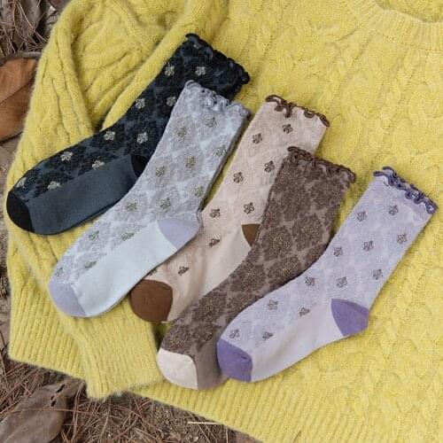 Harajuku Retro Flower Frilly Ruffle Socks Women Fashion Embroidery Woman Socks Cotton Ethnic Streetwear Kawaii Cute Long Socks