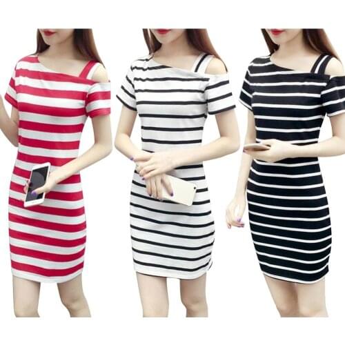 2019 New Boat Neck Oblique Shoulder Cotton Striped Short Sleeve Casual Dress Slim Summer Dresses