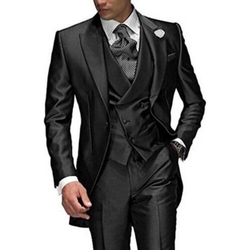 New 3 Pieces Black Men Suits with Peaked Lapel Groom Tuxedos for Wedding Prom Male Fashion Costume ( Jacket Pants ) Custom