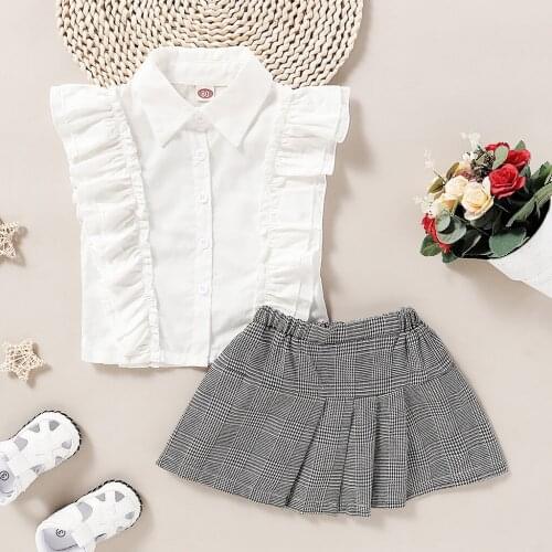 Toddler Baby Girls Sleeveless Solid Ruffles Shirt Tops+Plaid Skirt Outfits Set Spring Baby Girls Clothes Sets Summer Outfits