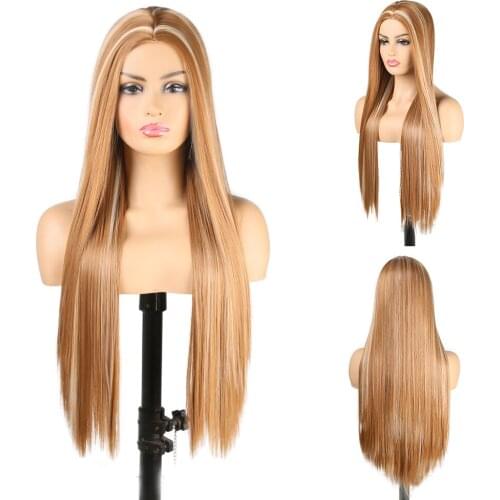Highlight Brown Wig Silky Straight Two Tone Color Synthetic Wigs for Women Heat Resistant Fiber Hair No Lace Wig