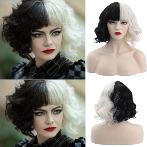 Movie Cruella De Vil Anime Cos Wig Half Black Half White Cute Short Curly Wigs For Costume Cosplay Halloween Party Headdress