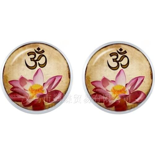Lotus Flower Earrings Mandala Photo Art 12mm Glass Cabochon Stud Earrings Sacred Geometry Yoga Om New Fashion Jewelry For Women