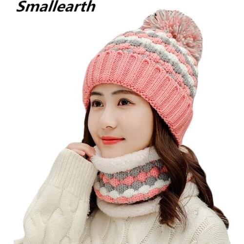 New Winter Pompom Hat And Scarf Set For Women Girls Plus Velvet Warm Caps Female Winter Casual Thick Knitted Hats 2 Pieces Set