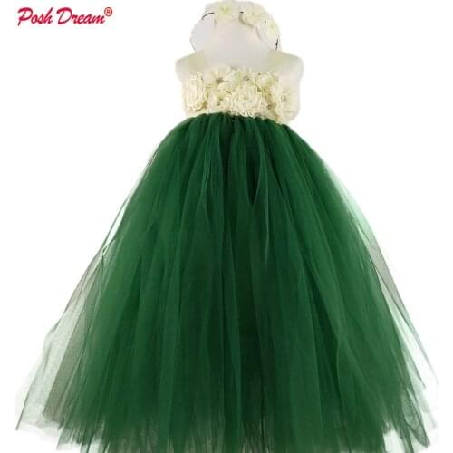 POSH DREAM Bohemian Teal Green Flower Girls Wedding For Party with Flower Headband Kids Flower Children clothing Party