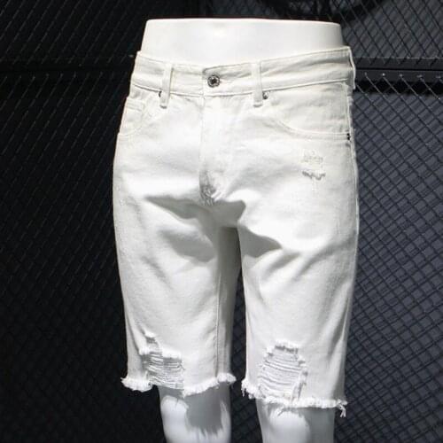Mens Classic Shorts Fashion Black White Hole Ripped Tassel Jeans Thin Section Knee Length Trousers Casual Summer Denim Shorts