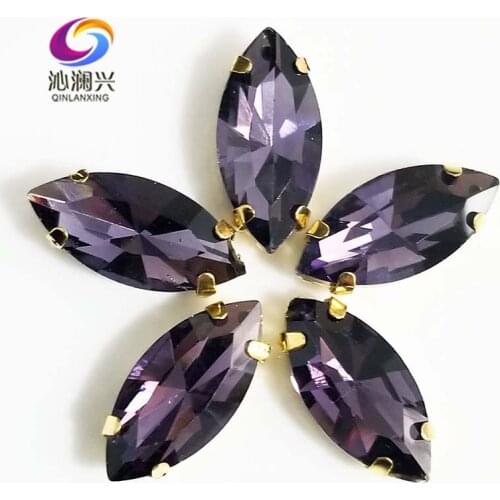 Deep purple eye shape Glass Crystal sew on stones with holes,Golden bottom loose rhinestones Diy/Clothing accessories SWMG17