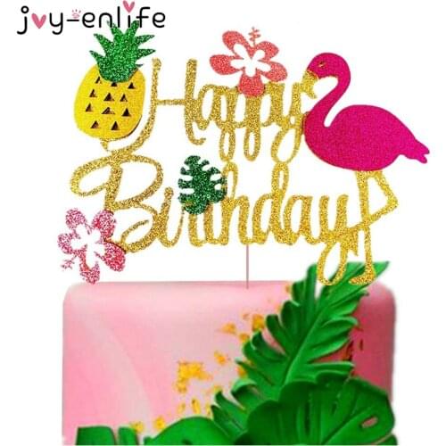 Flamingo Pineapple Aloha Letter Cake Toppers Summer Birthday Party Decorating Cupcake Topper for Hawaiian Tropical Wedding Party