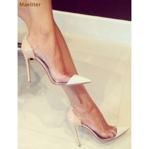 Designer Women Transparent PVC Pointed Toe Pumps Nice Patchwork Patent Leather Shoes 10CM High Heel Dress Shoes Slim Fit Shoes