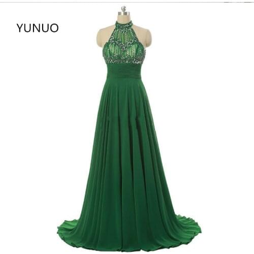 YUNUO Sexy Red A Line Long Green Prom Dresses Halter Neck Backless Beading Crystal Vestido de festa Party Evening Dresses