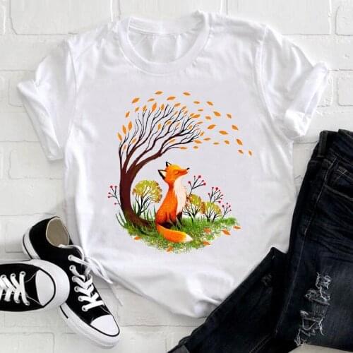 Women Short Sleeve for Lady Korean Style Fox Funny Trend Animal Clothes Ladies Graphic Print Tee Top Tshirt Female T-shirt