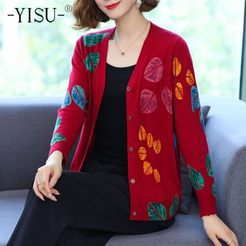 YISU Wool Woman clothing Cardigan V-Neck Cardigan Single breasted Leaves Printing Long sleeve Sweater Autumn Tops Knitted Coat