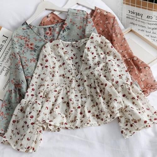 Womens V Neck Fashion Floral Print Chiffon Blouses Sweet Small Fresh Long Sleeves Chiffon Shirt Blouses