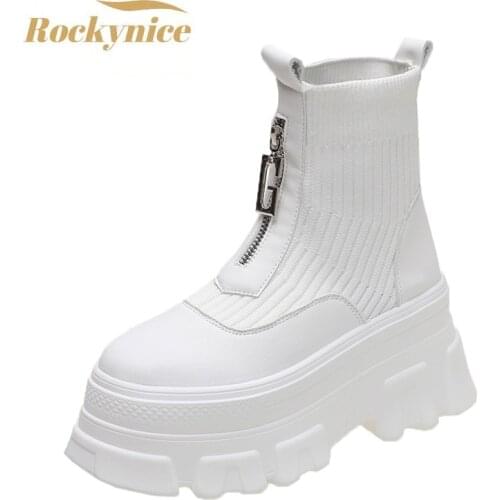 Women Ankle Boots Platform Autumn Boots 2021 Ulzzang 8cm Height Increasing Wedges Shoes Woman Winter Thick Sole Leather Sneakers