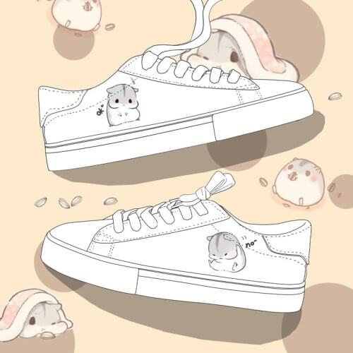 Cute Cartoon Print Women Sneakers Ladies PU Leathe White Casual Shoes Breathable Vulcanized Shoes Lolita Girls Students Trainers