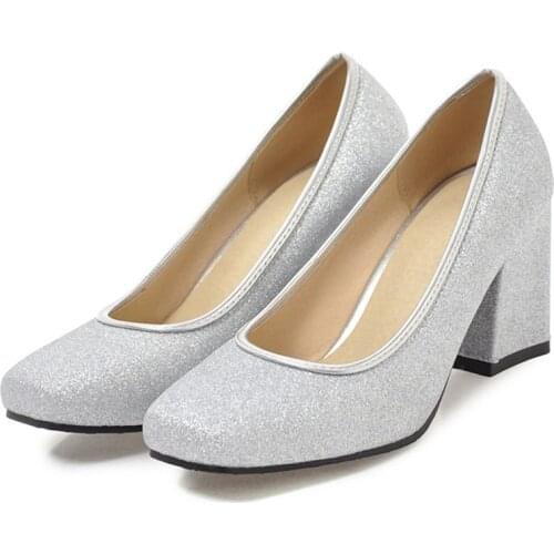 AGODOR Glitter High Heels Women Pumps Block Heel Shoes Slip on Square Toe Sequins Wedding Bridal Shoes Silver Gold Purple