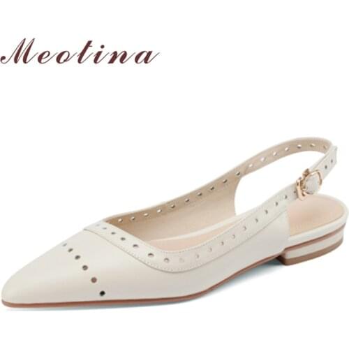 Meotina Natural Genuine Leather Slingback Shoes Pointed Toe Flats Shoes Buckle Strap Cut Out Ladies Footwear Autumn Apricot 40