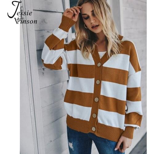 Jessie Vinson Striped Sweater Cardigan Women V-neck Single Breasted Knitted Cardigan Womens Sweaters Winter Cardigan Jacket