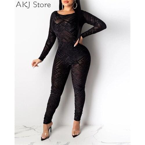 Women Sexy Skinny Jumpsuit Sheer Mesh Hollow Long Sleeve Romper