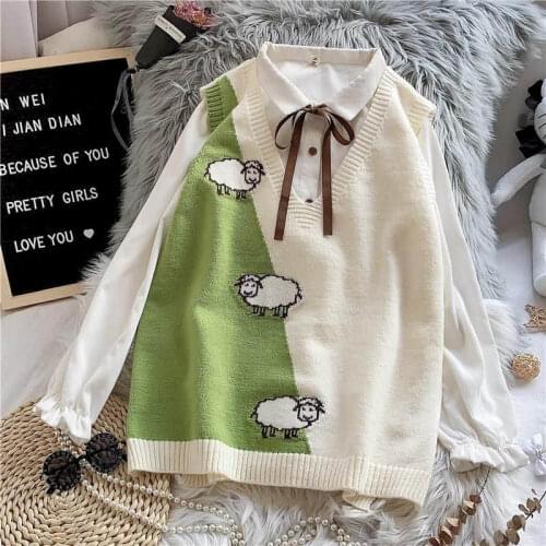 2021 Spring Autumn Sweater Knitted Vest Korean Top for Women Clothing Oversize Vintage Sleeveless Kawaii Harajuku V-Neck Sheep