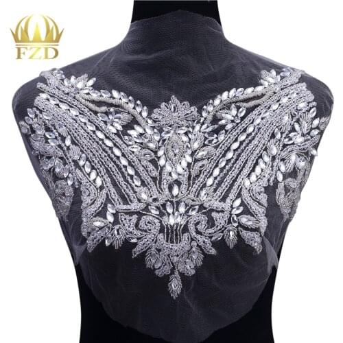 1 Piece Silver Hand made crystals trim patches sew on Rhinestones sequins applique on mesh for bodice