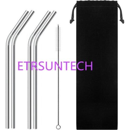 100set/lot Eco Friendly Reusable Straw 304 Stainless Steel Straw Metal Smoothies Drinking Straws Set with Brush & Bag Wholesale