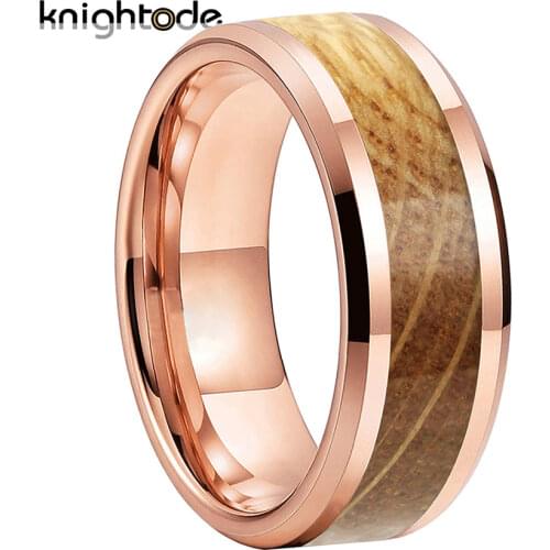 6mm 8mm Tungsten Carbide Rings Whiskey Barrel Oak Wood inlay for Men Women Engagement Wedding Bands Beveled Edges Polished