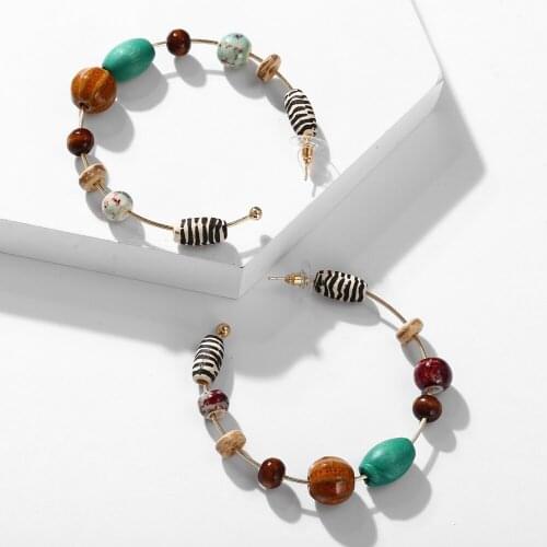 Bohemian Handmade Irregular Wooden Beads Hoop Earrings Fashion Geometric Big Hoops for Women Statement Earrings Jewelry