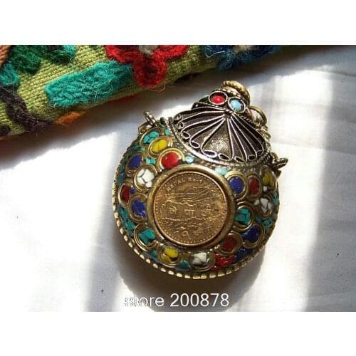 BYH036 Tibet Fork handicraft Nepalese coins big snuff bottle,brass inlaid colorful stone clips 64mm Tibet Amulet Pendants