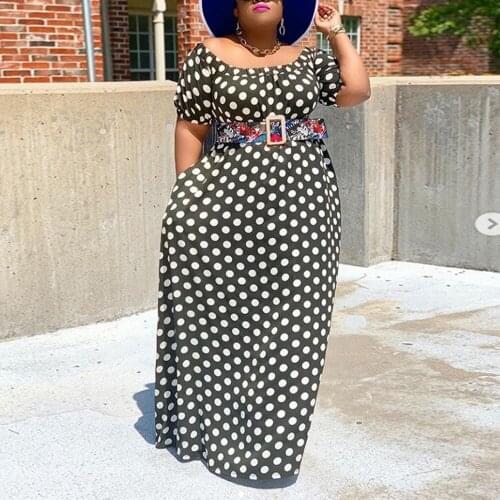 Black Dot Print Dress Loose Floor Length High Waist Round Neck Short Sleeve Elegant Sexy Evening Night Club Wear Vestidos Dress