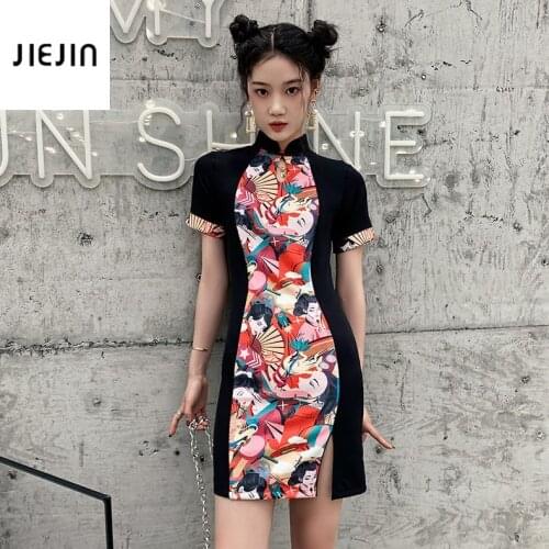 Improved Cheongsam Black Gothic Dress Modern Trend Cheongsam Dress for Women Short Sleeve Qipao Traditional Chinese Clothes CNY