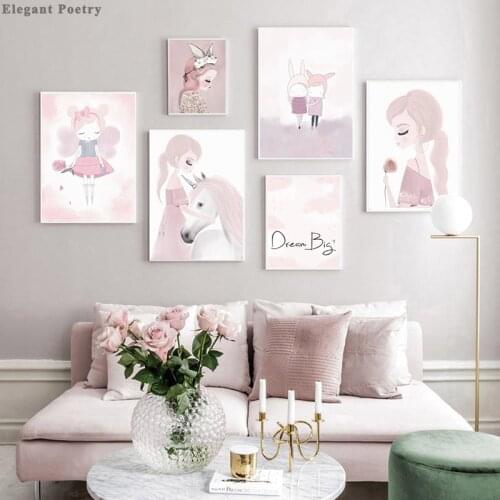 Nursery Wall Art Canvas Poster Print Pink Girl Princess Unicorn Horse Swan Painting Nordic Decoration Picture Kids Bedroom Decor