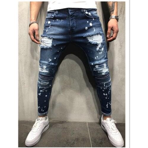 New Men‘s Ripped Painted Slim Fit Pleated Denim Pants Stretch Snowflake Point Wash Painted Hip-Hop Jeans Motor Biker Skinny Jean
