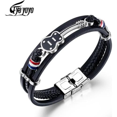 EyeYoYo Multilayer Leather Guitar Engraved Black Bracelets Simple Rope Chain Stainless Steel Magnet Brown Bangle