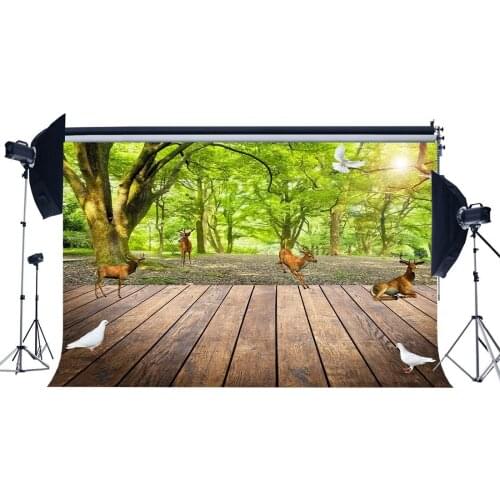 Spring Backdrop Jungle Forest Backdrops Green Trees Dove Sika Deer Rustic Stripes Wood Floor Photography Background