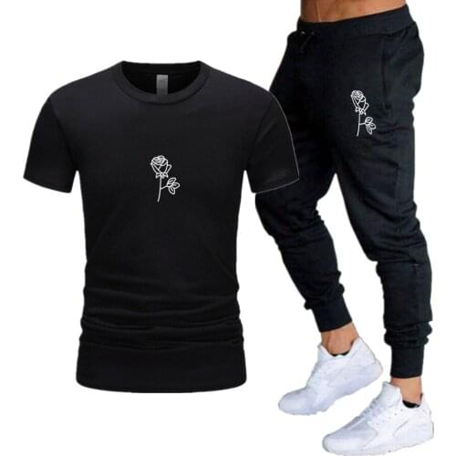 White Rose Printing Graphic T-Shirt Summer New Style Anime Fashion Mens Streetwear Sweatpants Suit Tops Cool Joggers Pants