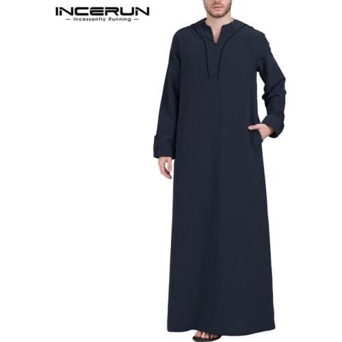 INCERUN Mens Muslim Clothes Jubba Thobe Long Sleeve V Neck Casual Saudi Arabia Men Robes Abaya Dubai Thobe Arabic Islamic Kaftan