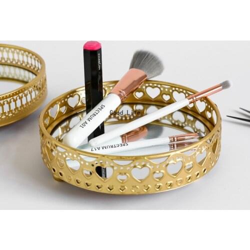 17/25CM Round Key Cosmetic Storage Box Metal Tray Desktop Shelf Living Room Creative Decorative Glass Mirror Jewelry Tray