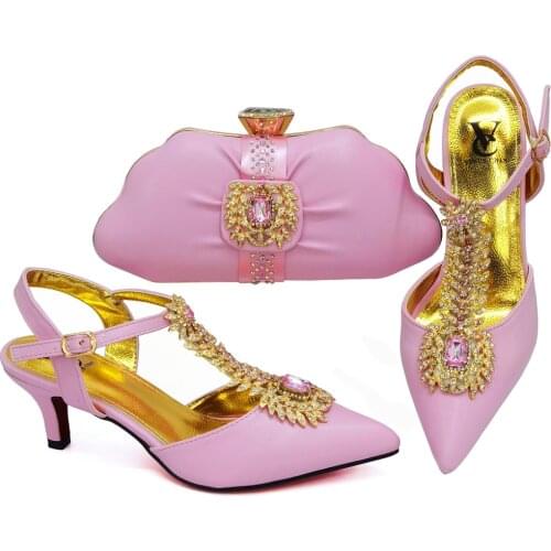 Summer New Arrivals African Design Italian Women Shoes and Bag To Match High Quality with Shinning in Pink Crystal For Wedding