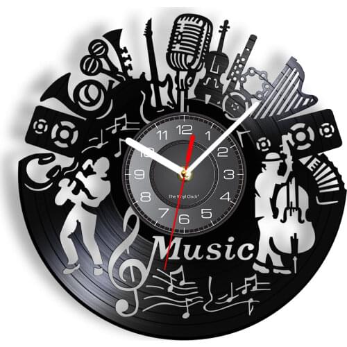 Music Band Silhouette Musical Instruments Wall Decor Musicians Wall Clock Jazz Music Group Vintage Vinyl Record Music Wall Clock