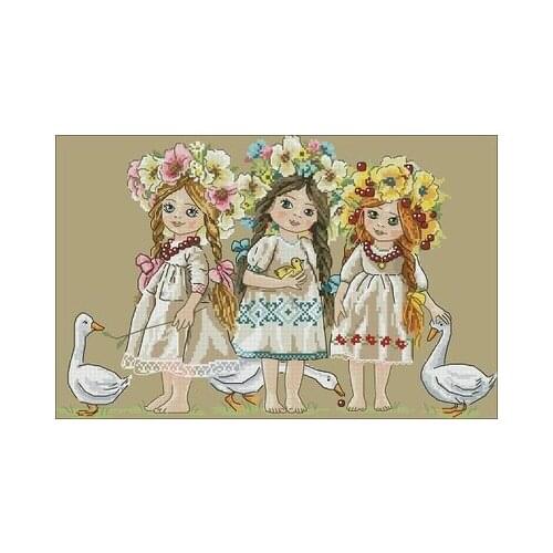 Three Girls Wearing Flowers Counted Cross Stitch 11CT 14CT 18CT DIY Chinese Cross Stitch Kits Embroidery Needlework Sets