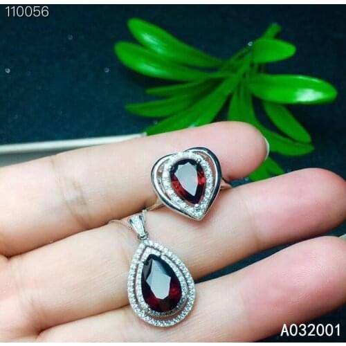 KJJEAXCMY fine jewelry natural garnet 925 sterling silver women gemstone pendant necklace chain ring set support test popular