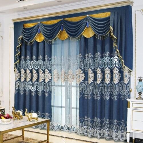 New European Style Blue Embroidered Curtain Double Curtains for Living Room Bedroom Hollow Embroidered Curtains Valance Custom