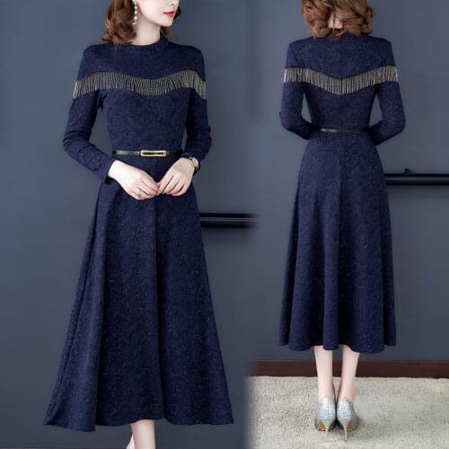 2020 Autumn Dress New Fashion Fringed Womens Mid-length Long-sleeved Dress Slim Temperament Female Trend Floral Vestidos K1208