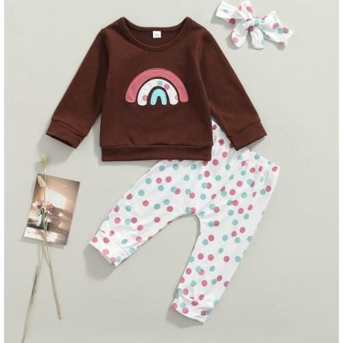 Citgeett Autumn Infant Baby Girls Clothes Sets Rainbow Long Sleeve Pullover Sweatshirt Tops Colorful Dot Pants Headband Suit